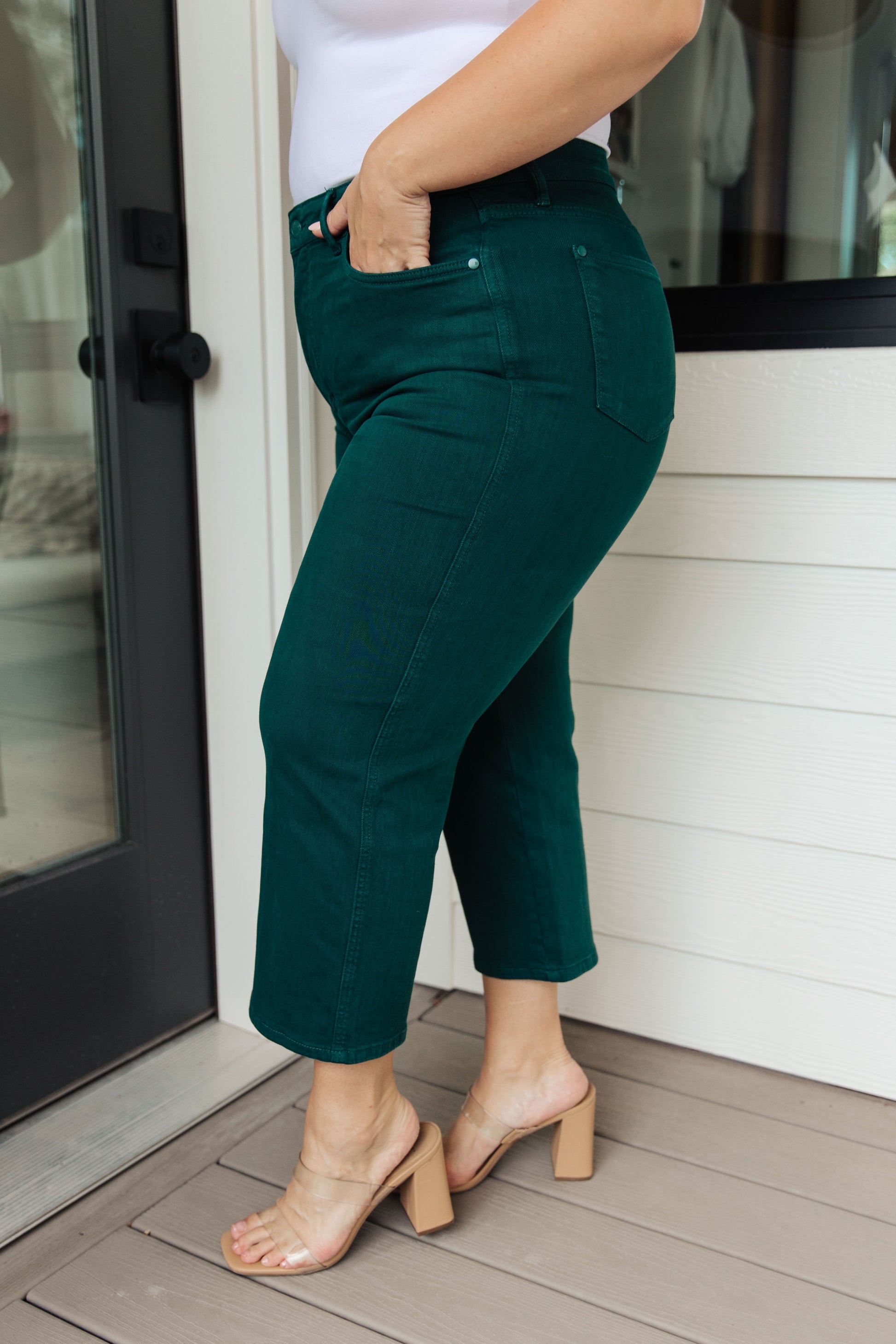 Briar High Rise Control Top Wide Leg Crop Jeans in Teal - Dahlia Boutique