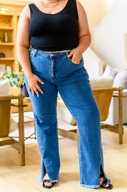 Caitlin High Rise Split Hem Straight Jeans - Dahlia Boutique