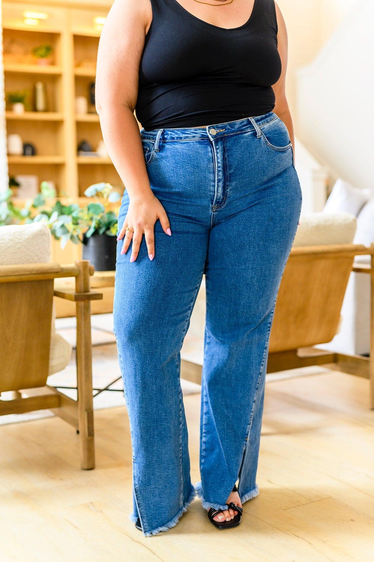 Caitlin High Rise Split Hem Straight Jeans - Dahlia Boutique