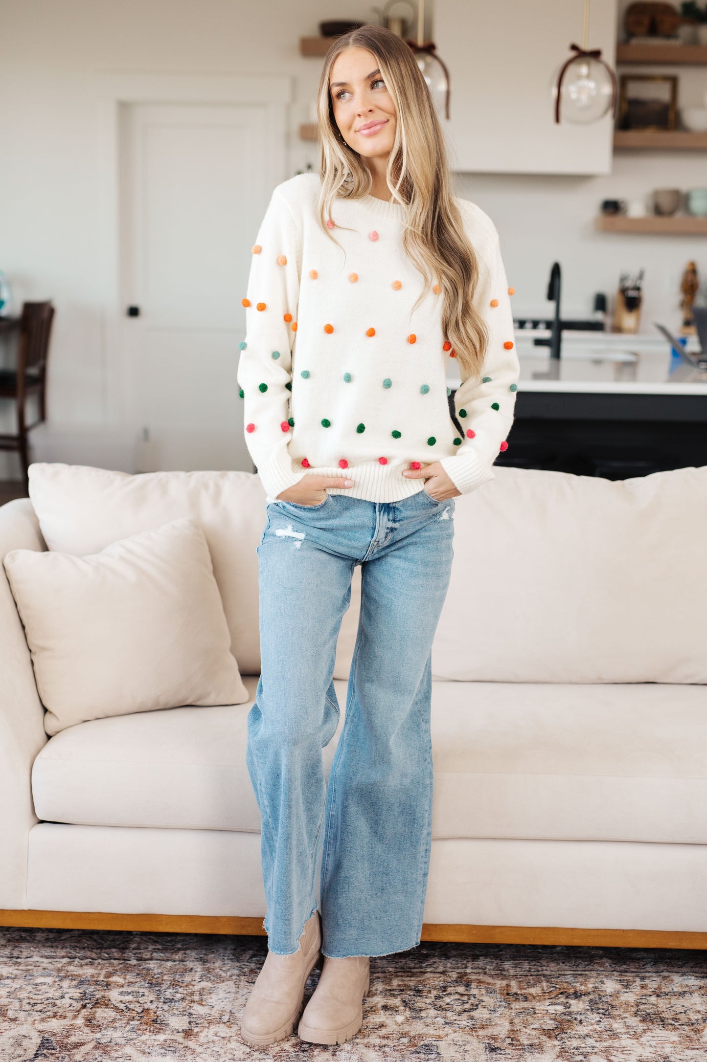 Candy Buttons Pom Detail Sweater - Dahlia Boutique