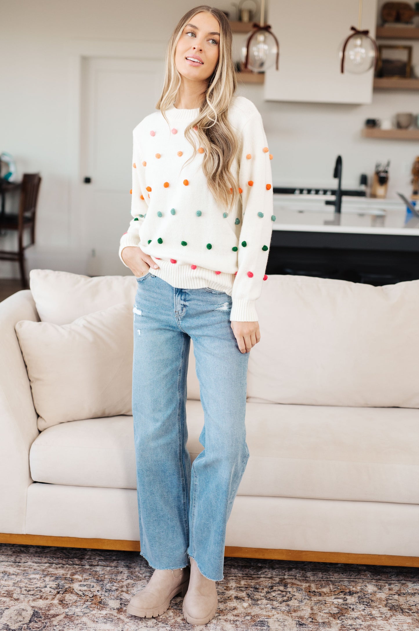 Candy Buttons Pom Detail Sweater - Dahlia Boutique