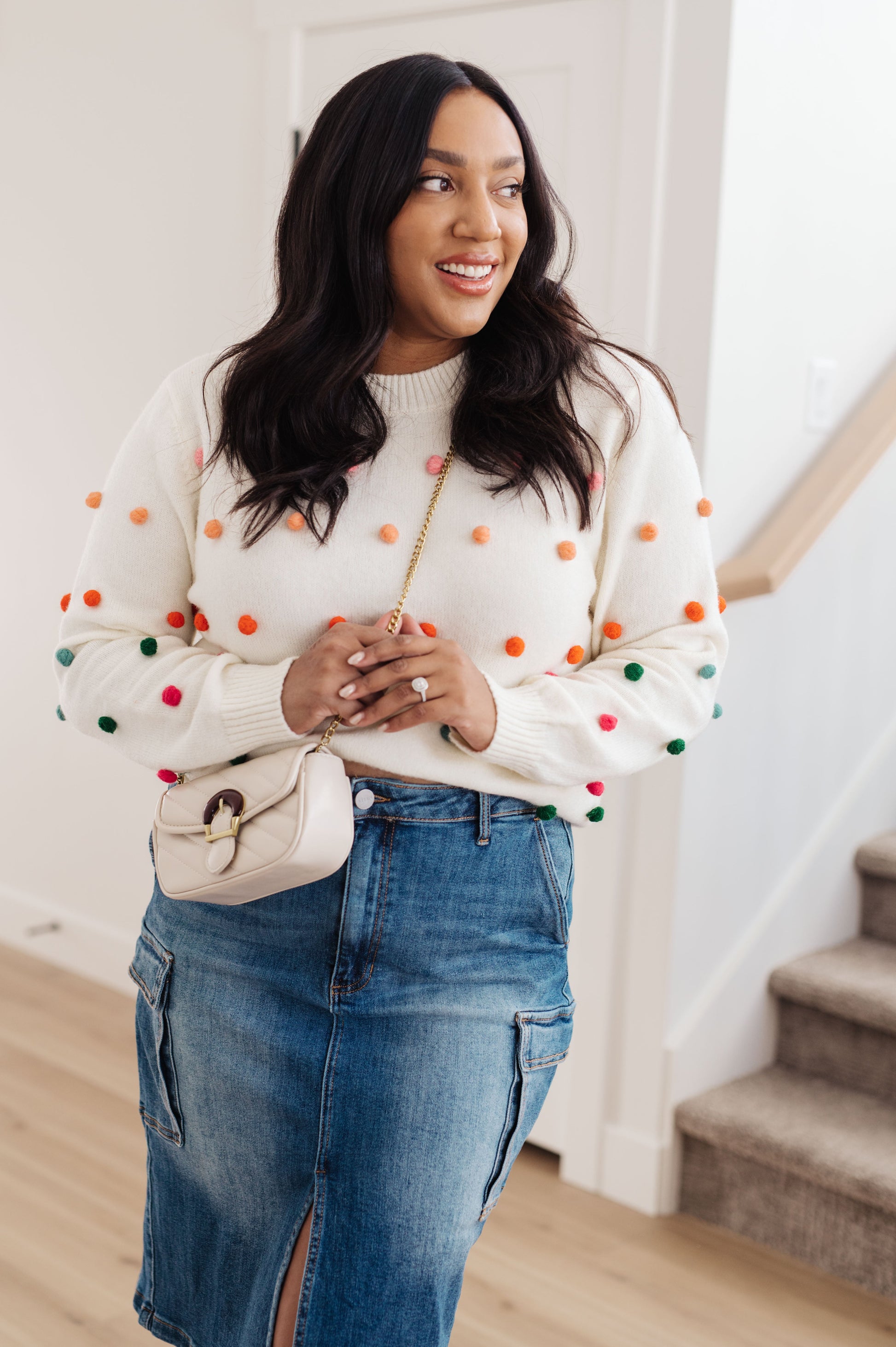 Candy Buttons Pom Detail Sweater - Dahlia Boutique