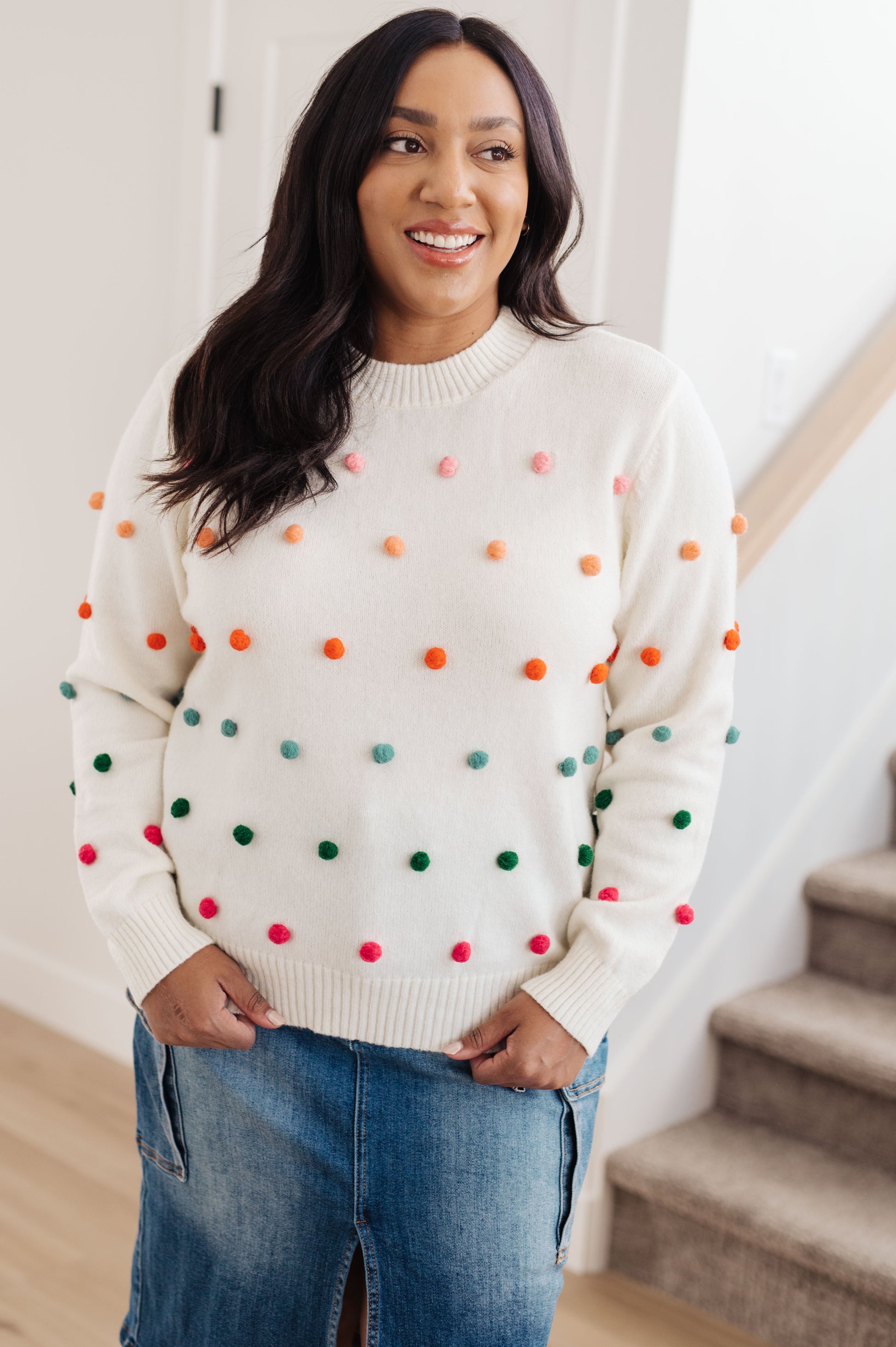 Candy Buttons Pom Detail Sweater - Dahlia Boutique