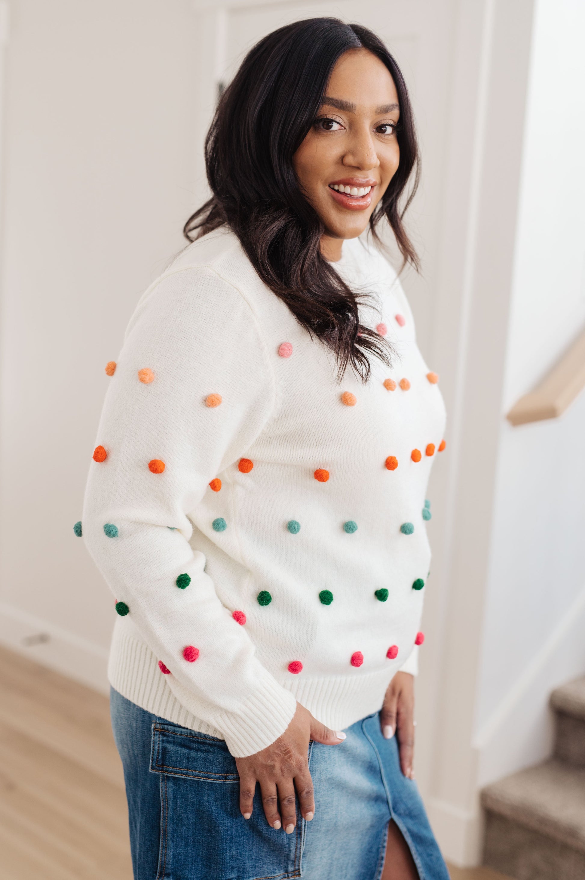 Candy Buttons Pom Detail Sweater - Dahlia Boutique