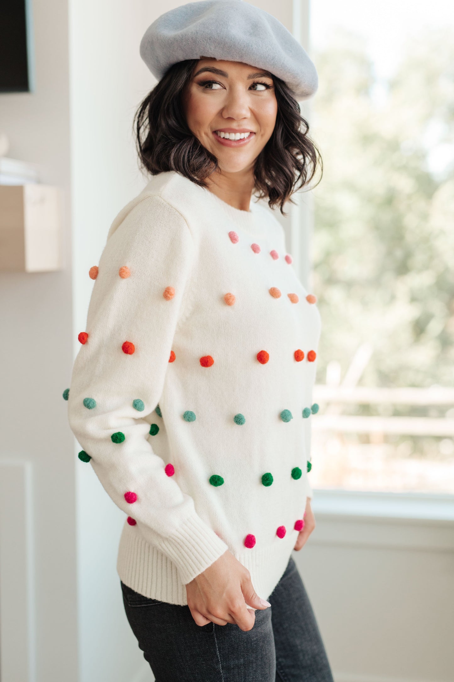 Candy Buttons Pom Detail Sweater - Dahlia Boutique