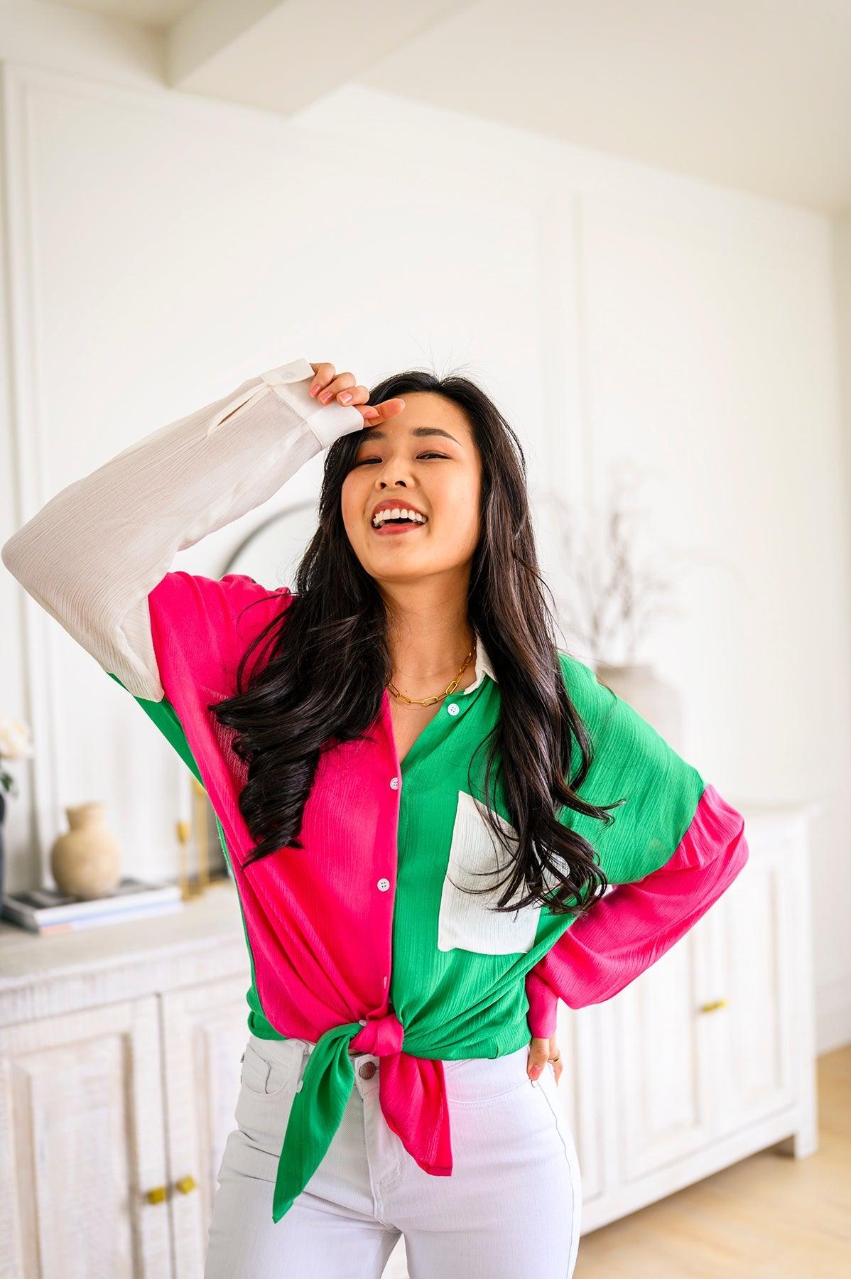 Capture the Day Two Toned Button Up Kelly - Dahlia Boutique