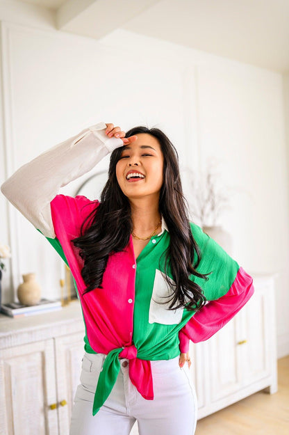 Capture the Day Two Toned Button Up Kelly - Dahlia Boutique