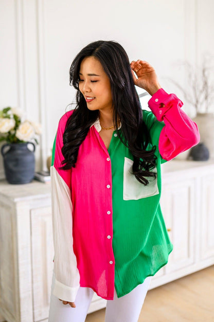 Capture the Day Two Toned Button Up Kelly - Dahlia Boutique