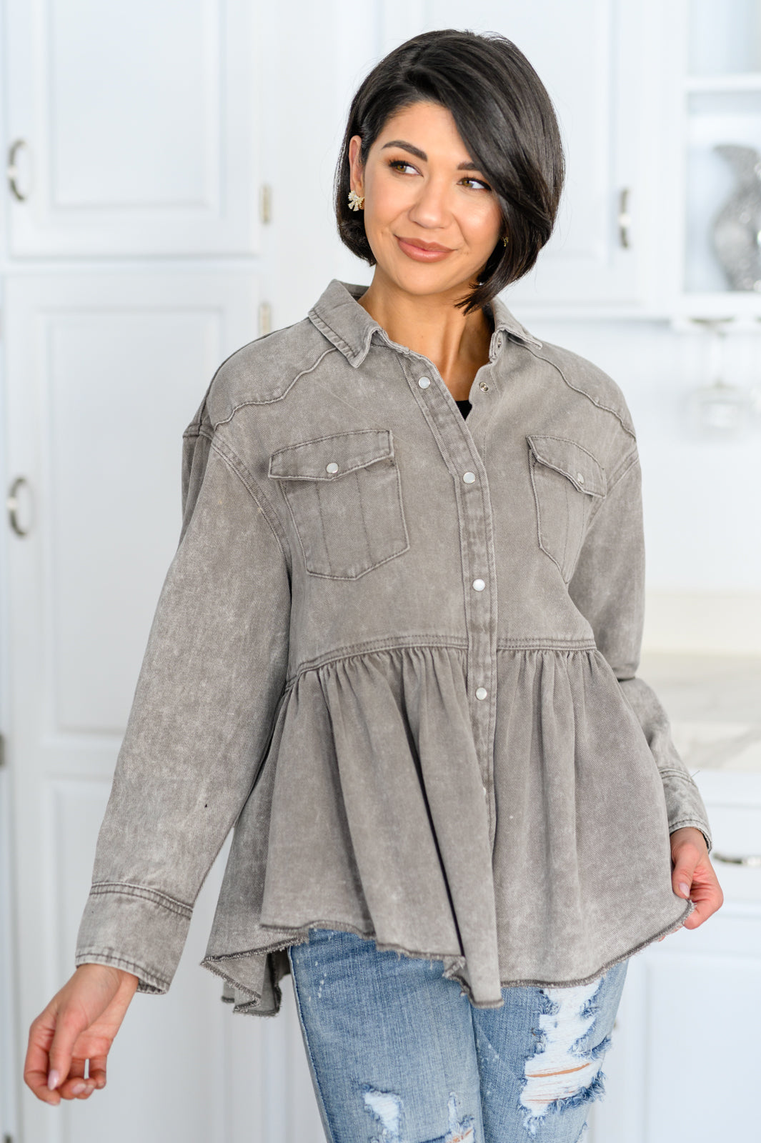 Earl Grey Button Up Long Sleeve Top - Dahlia Boutique