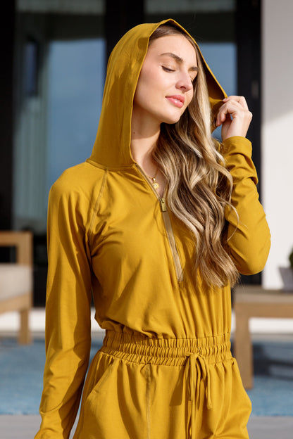 Getting Out Long Sleeve Hoodie Romper Gold Spice - Dahlia Boutique