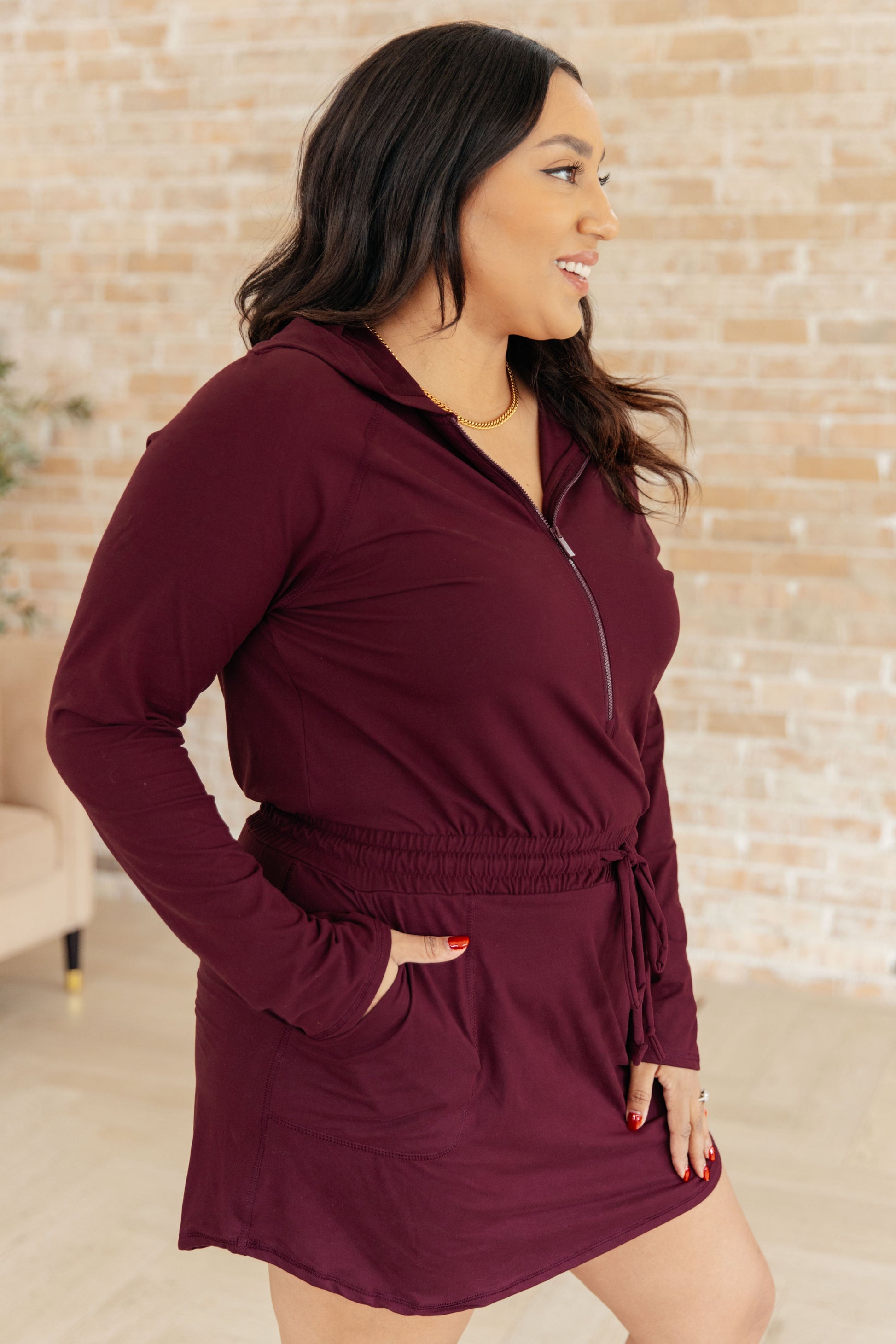 Getting Out Long Sleeve Hoodie Romper in Maroon - Dahlia Boutique