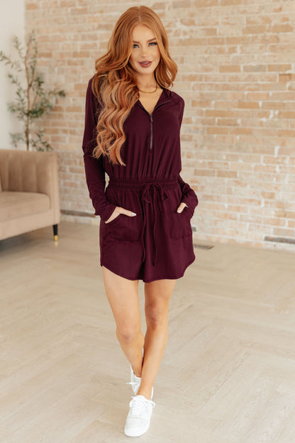 Getting Out Long Sleeve Hoodie Romper in Maroon - Dahlia Boutique