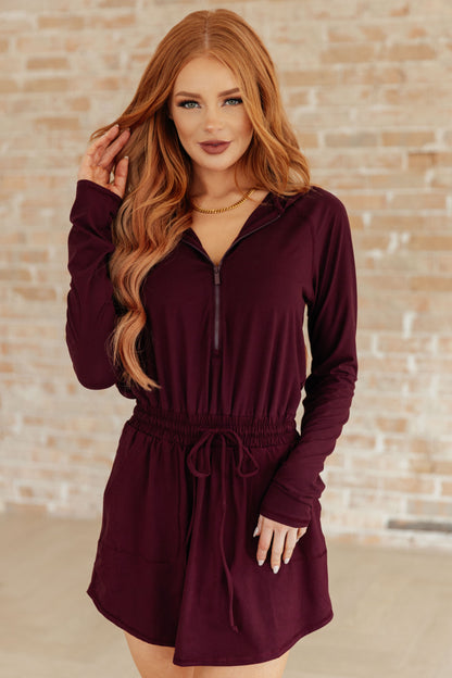 Getting Out Long Sleeve Hoodie Romper in Maroon - Dahlia Boutique