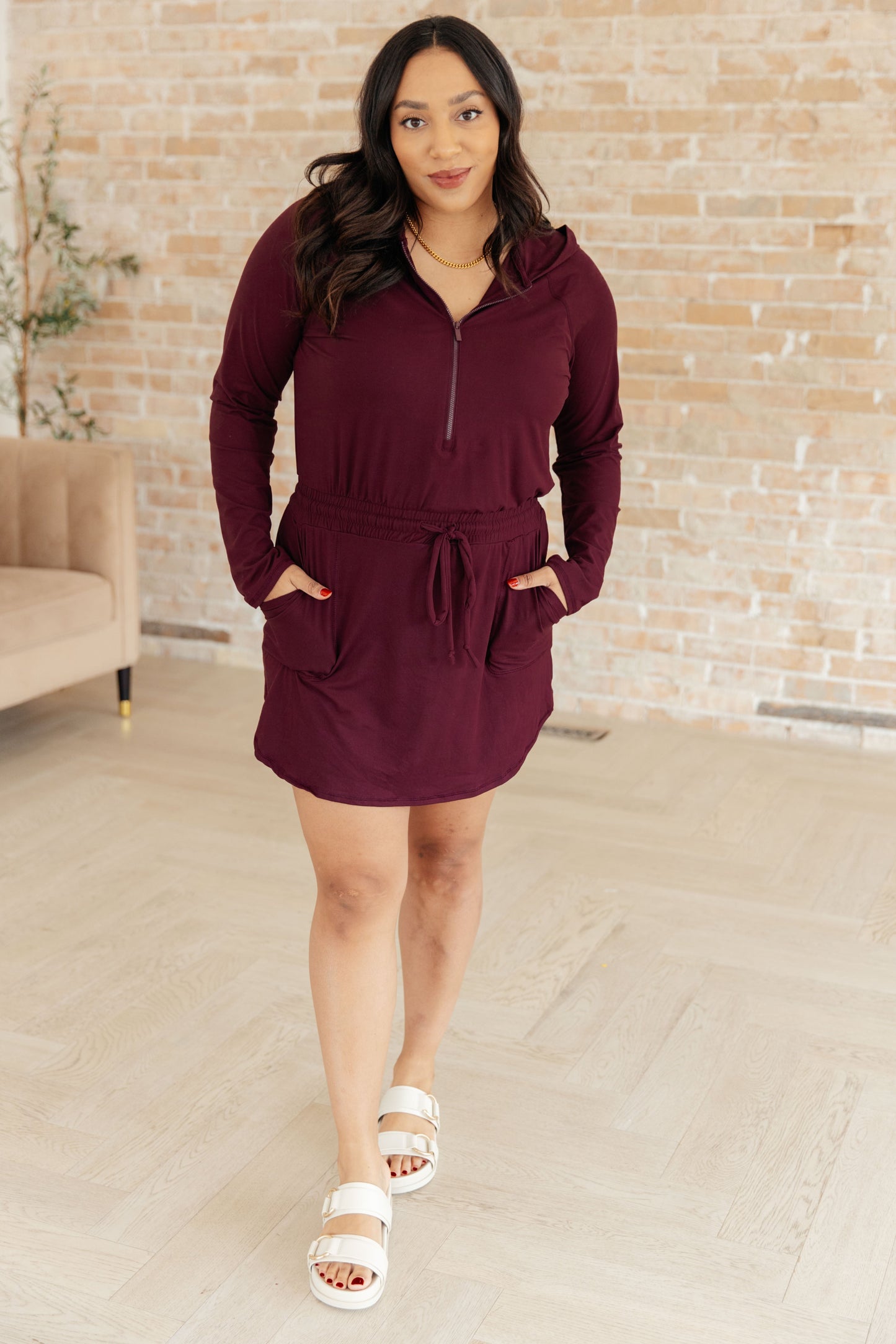 Getting Out Long Sleeve Hoodie Romper in Maroon - Dahlia Boutique