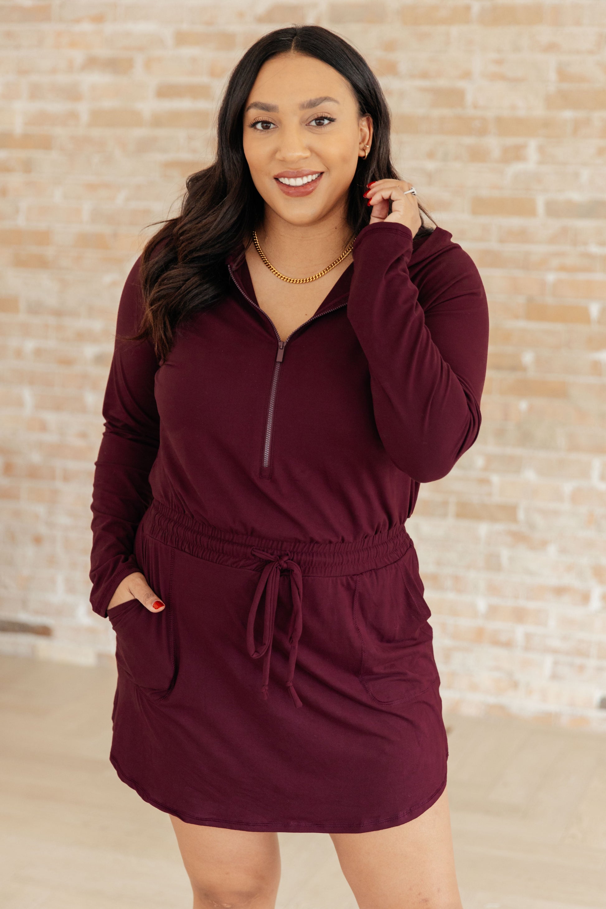 Getting Out Long Sleeve Hoodie Romper in Maroon - Dahlia Boutique