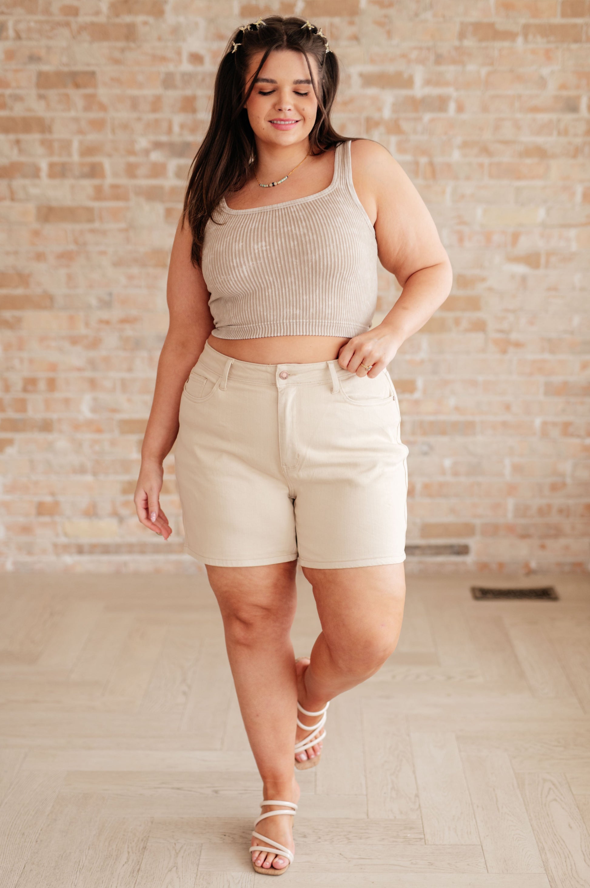 Greta High Rise Garment Dyed Shorts in Bone - Dahlia Boutique