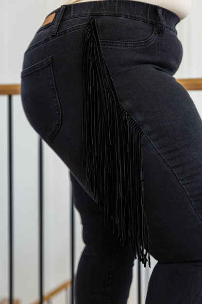 Hilary Side Fringe Skinny Jegging In Black - Dahlia Boutique