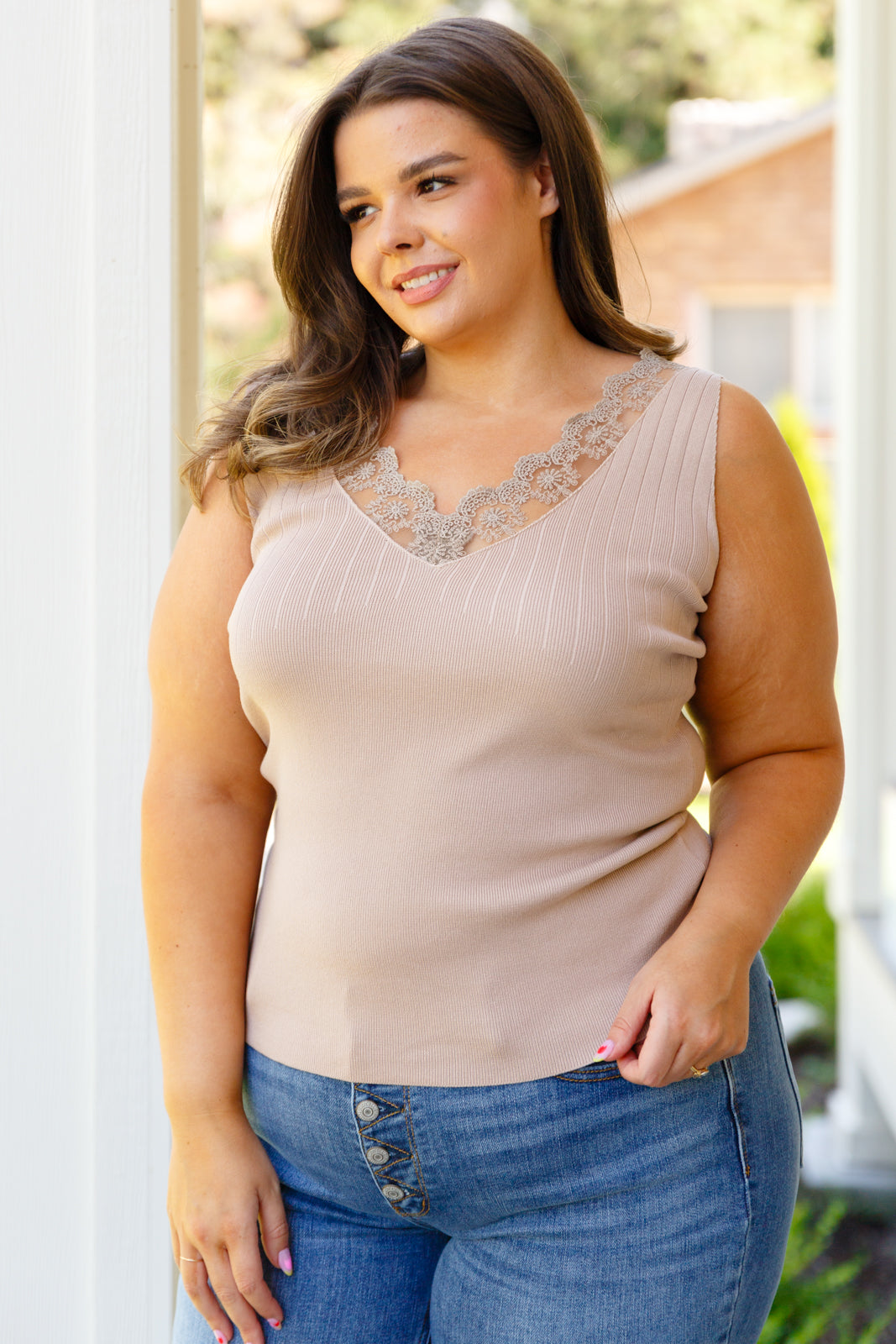 I Can Love You Better Lace Tank in Taupe - Dahlia Boutique