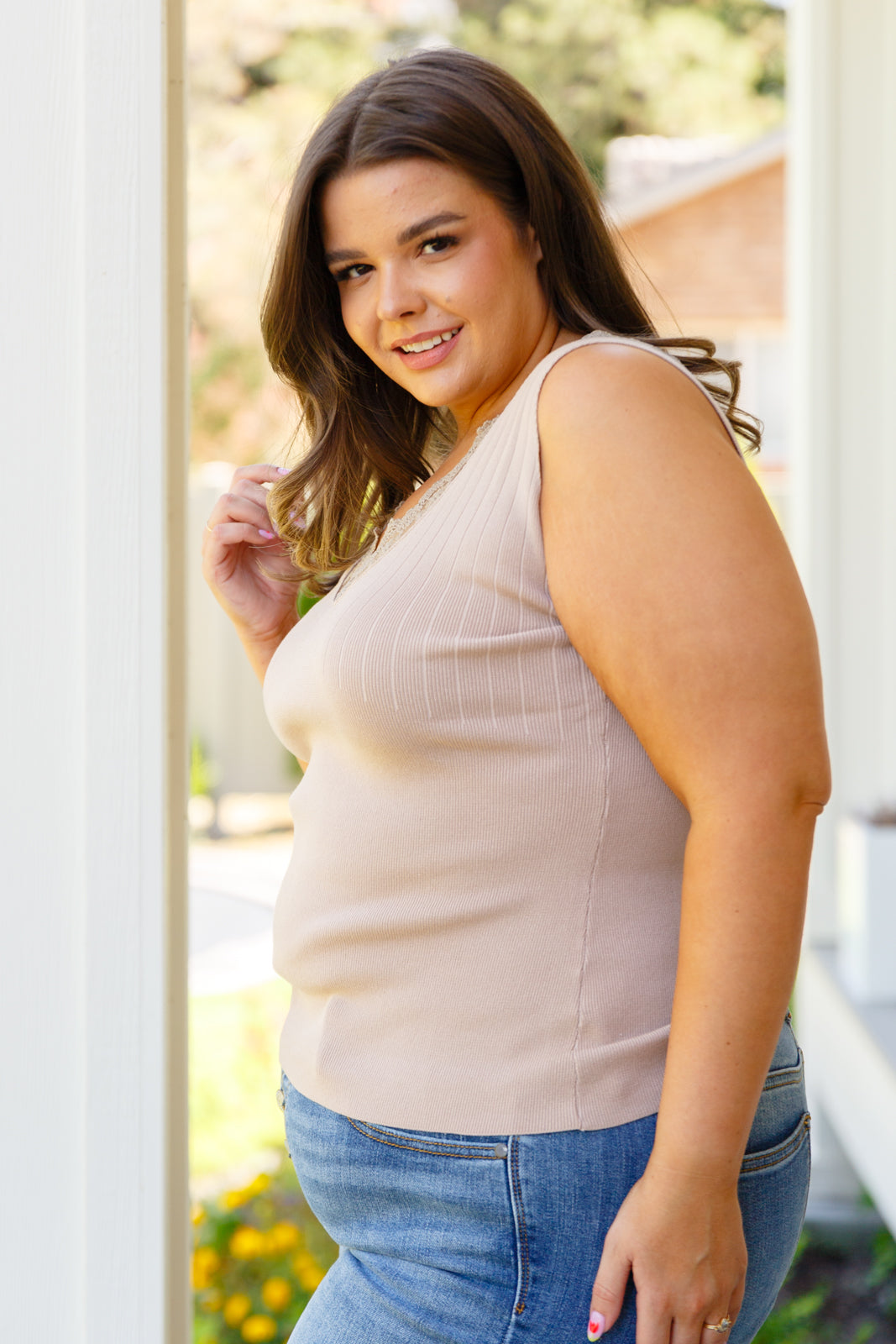 I Can Love You Better Lace Tank in Taupe - Dahlia Boutique