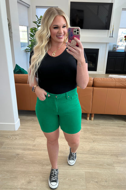 Jenna High Rise Control Top Cuffed Shorts in Green - Dahlia Boutique