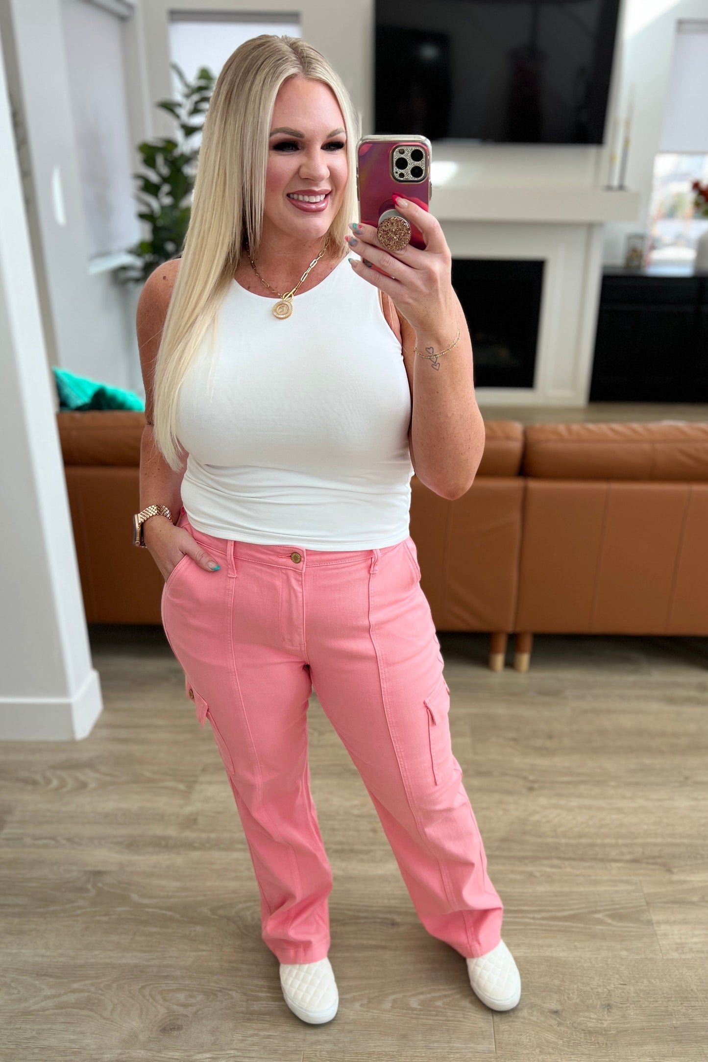 Peggy High Rise Cargo Straight Jeans in Pink - Dahlia Boutique