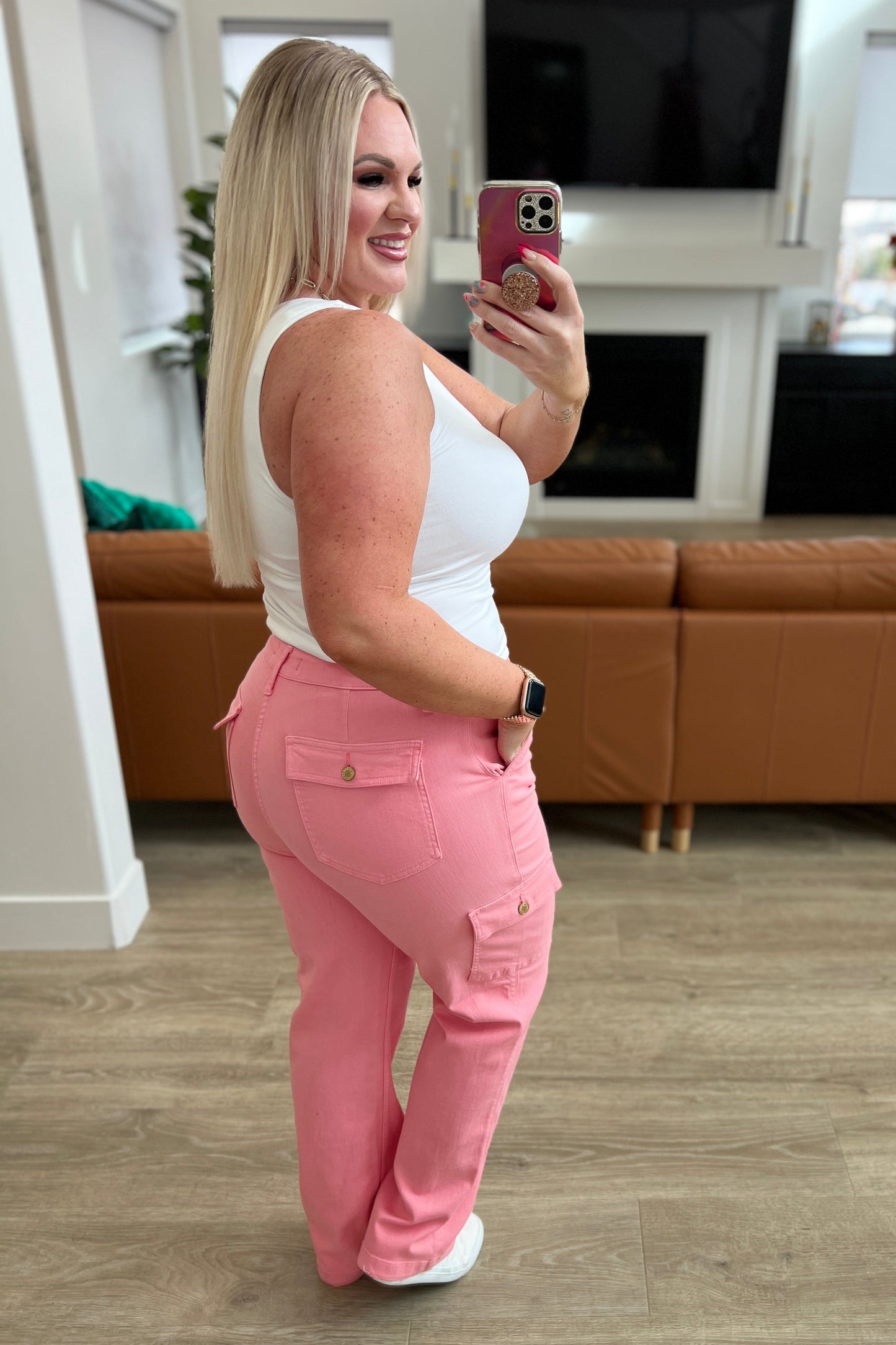 Peggy High Rise Cargo Straight Jeans in Pink - Dahlia Boutique