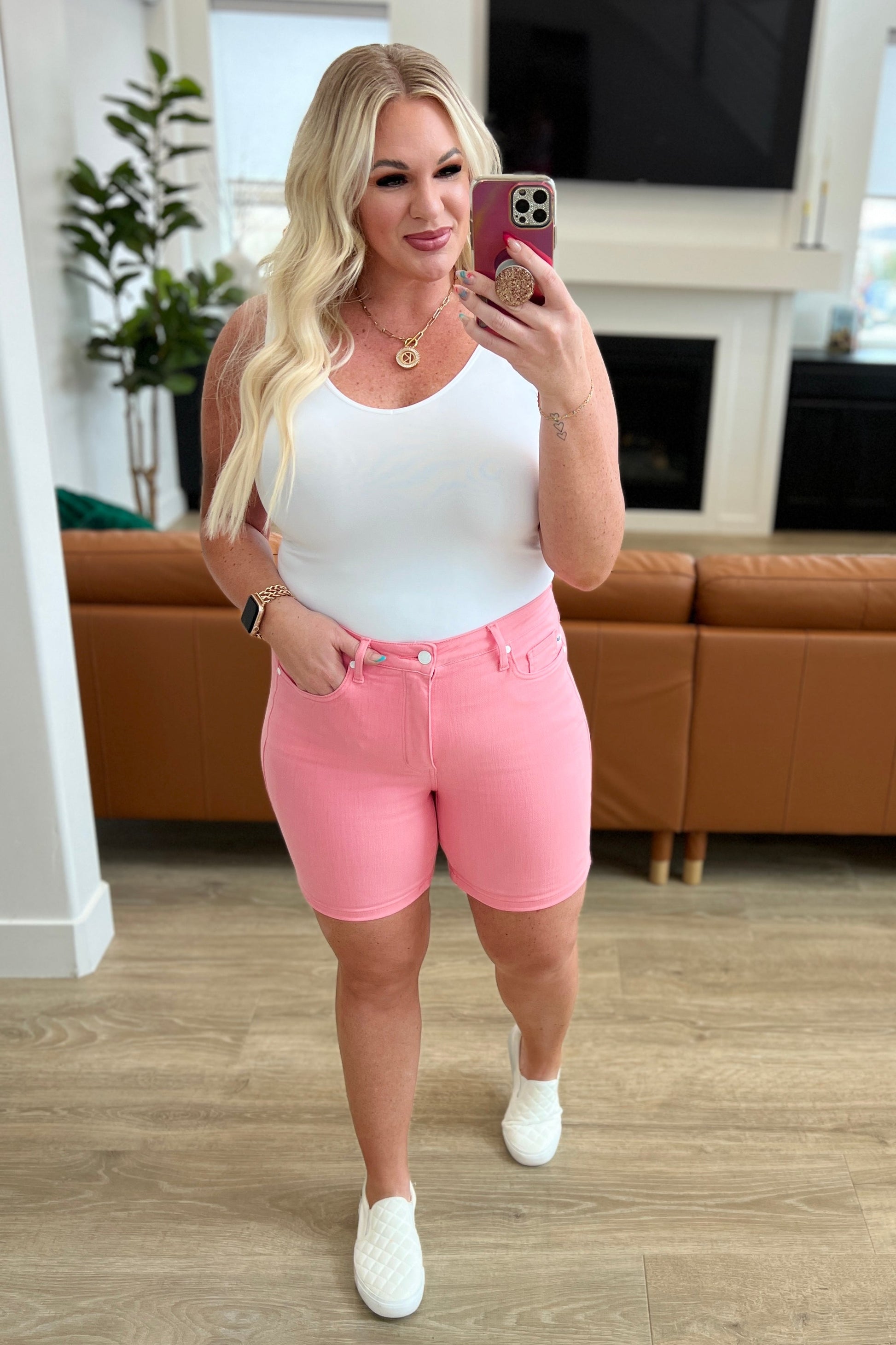 Jenna High Rise Control Top Cuffed Shorts in Pink - Dahlia Boutique