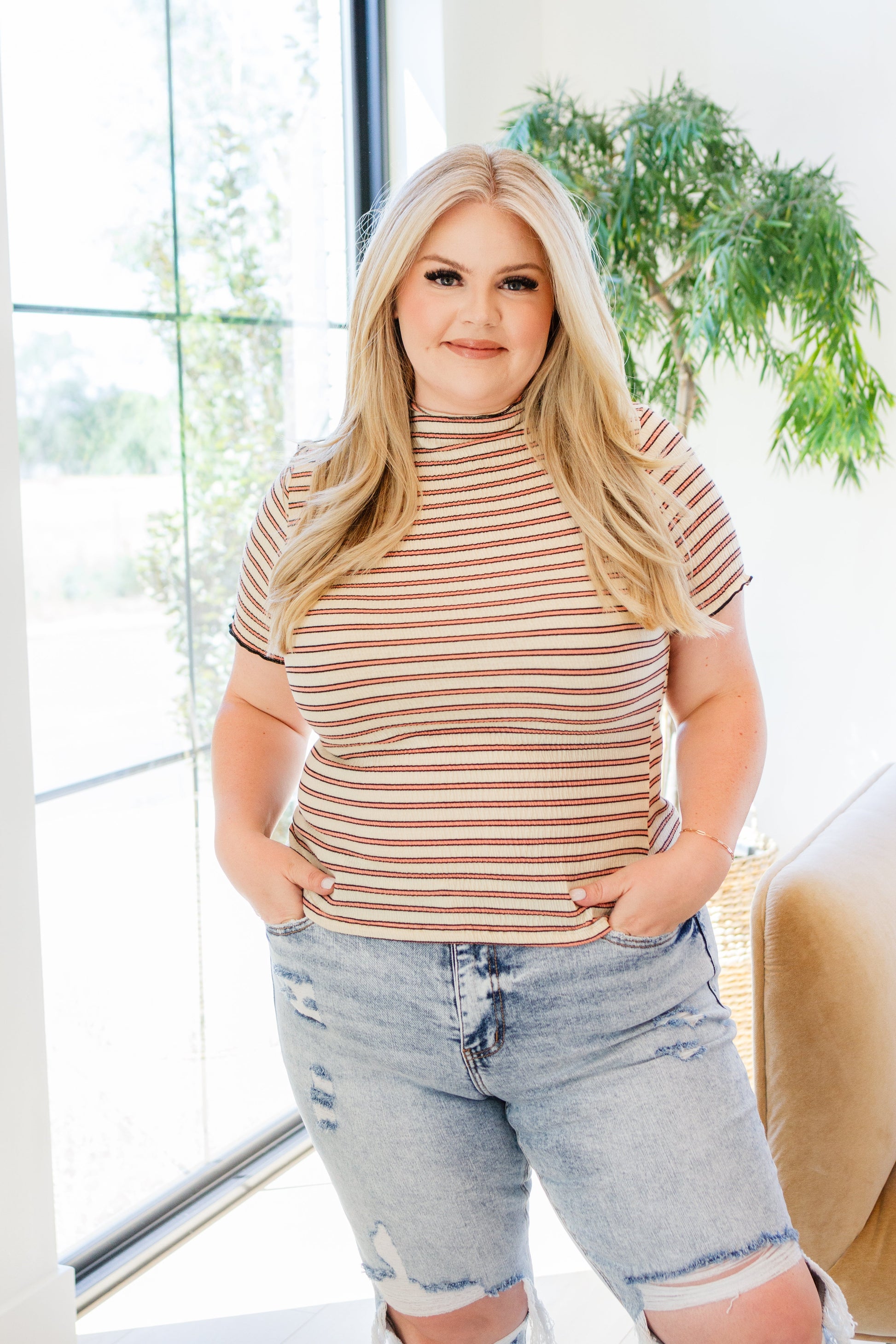 Nostalgic Note Striped Mock Neck Top - Dahlia Boutique