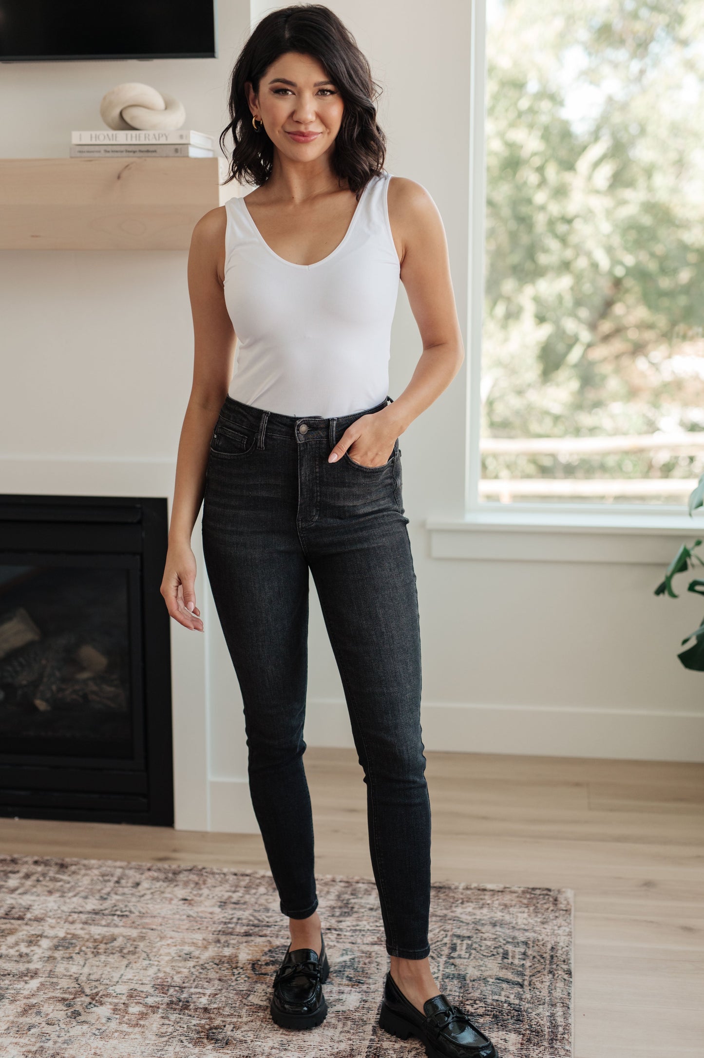 Octavia High Rise Control Top Skinny Jeans in Washed Black - Dahlia Boutique