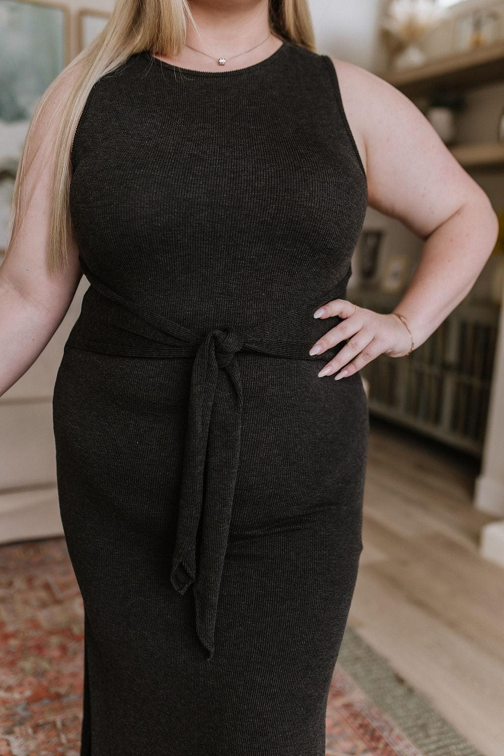 Out on the Town Tie Detail Midi Dress in Charcoal - Dahlia Boutique