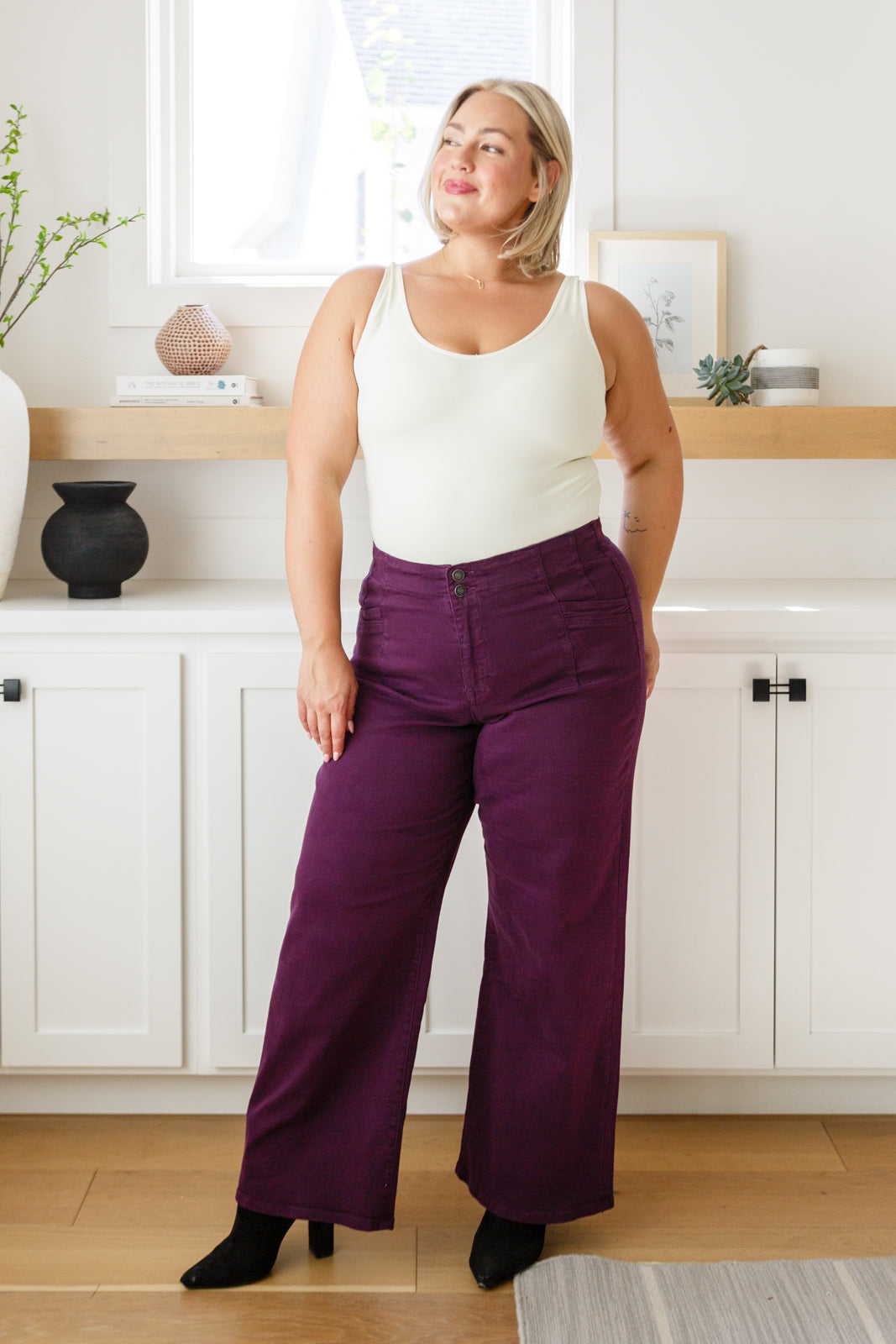 Petunia High Rise Wide Leg Jeans in Plum - Dahlia Boutique