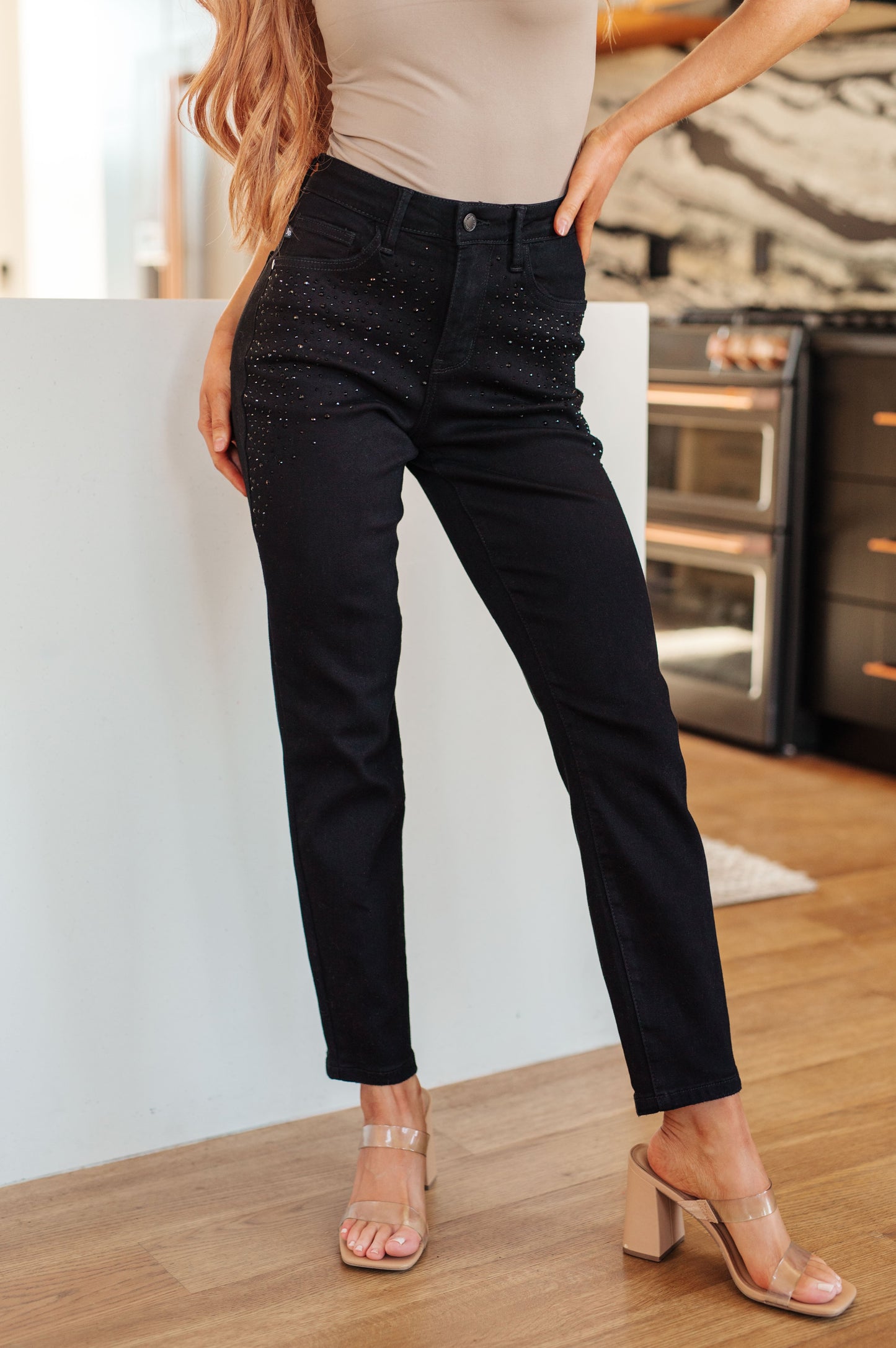 Reese Rhinestone Slim Fit Jeans in Black - Dahlia Boutique