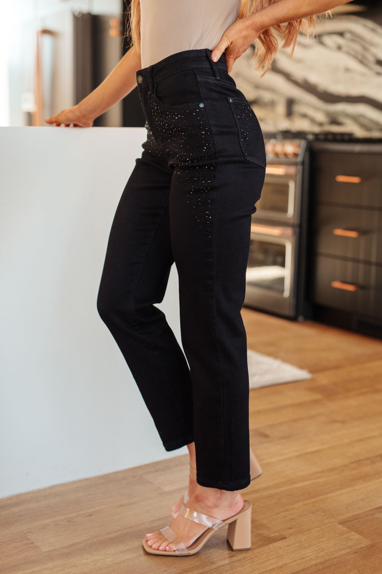 Reese Rhinestone Slim Fit Jeans in Black - Dahlia Boutique