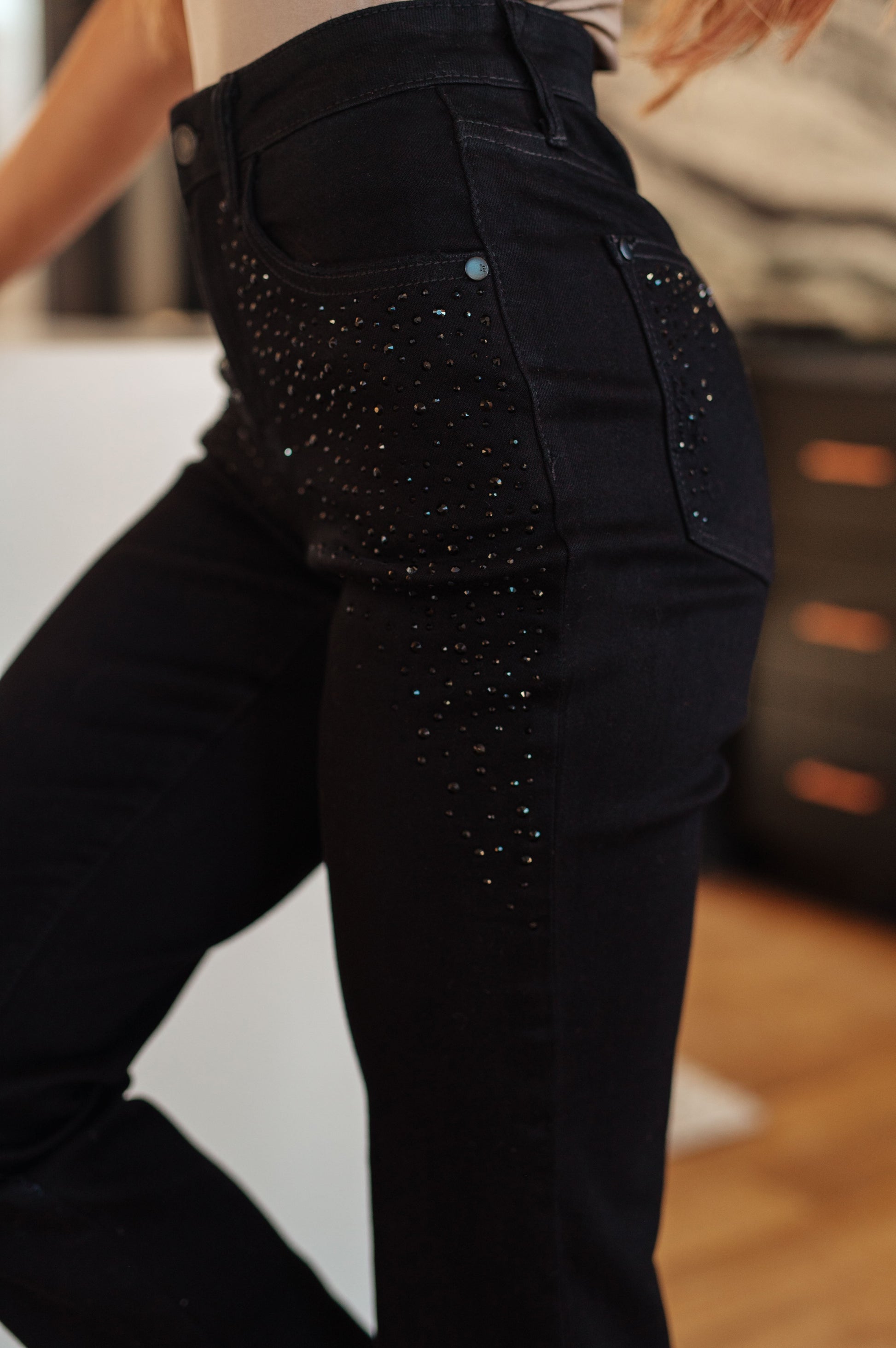 Reese Rhinestone Slim Fit Jeans in Black - Dahlia Boutique