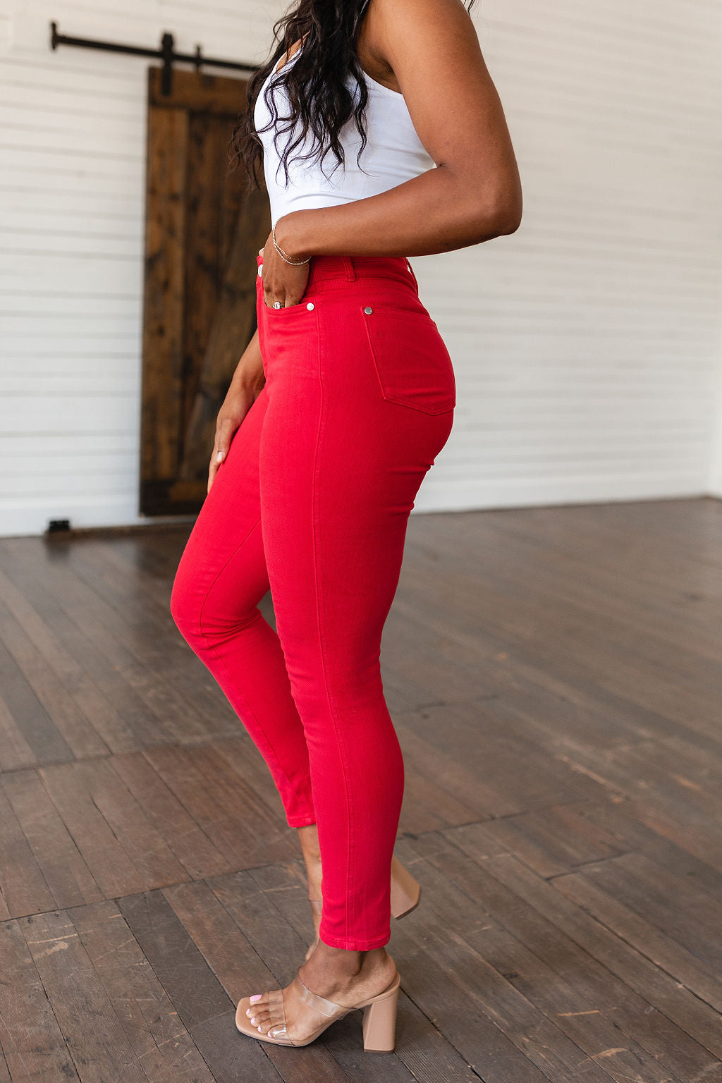 Ruby High Rise Control Top Garment Dyed Skinny Jeans in Red - Dahlia Boutique