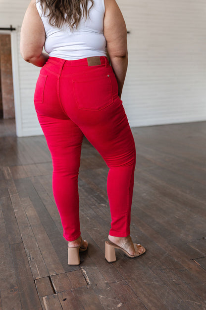 Ruby High Rise Control Top Garment Dyed Skinny Jeans in Red - Dahlia Boutique