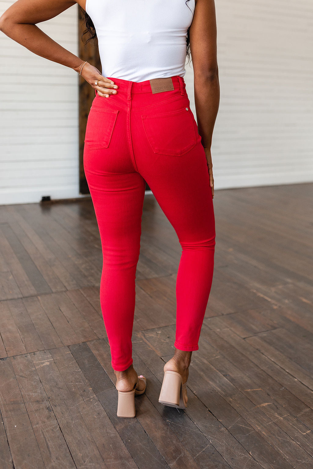 Ruby High Rise Control Top Garment Dyed Skinny Jeans in Red - Dahlia Boutique