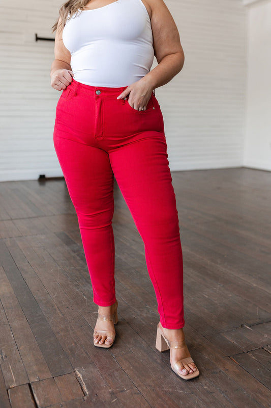 Ruby High Rise Control Top Garment Dyed Skinny Jeans in Red - Dahlia Boutique