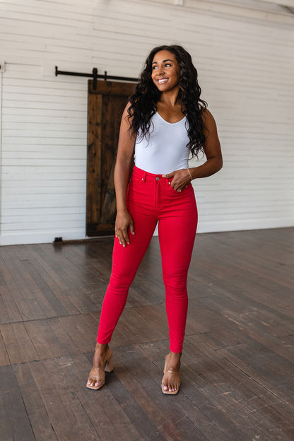 Ruby High Rise Control Top Garment Dyed Skinny Jeans in Red - Dahlia Boutique