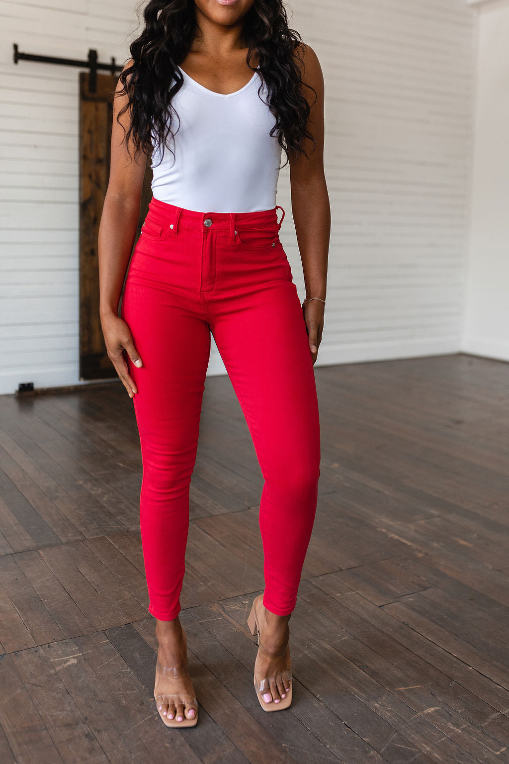 Ruby High Rise Control Top Garment Dyed Skinny Jeans in Red - Dahlia Boutique