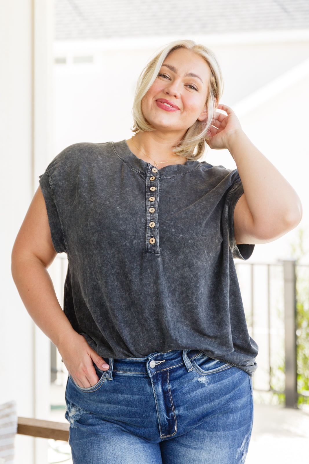 She's Alright Mineral Wash Sleeveless Henley - Dahlia Boutique