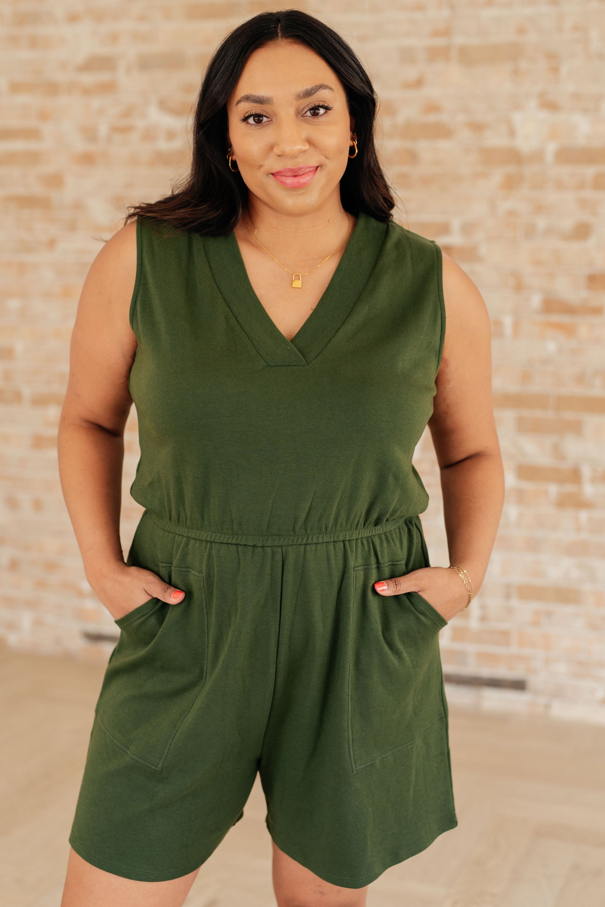 Sleeveless V-Neck Romper in Army Green - Dahlia Boutique