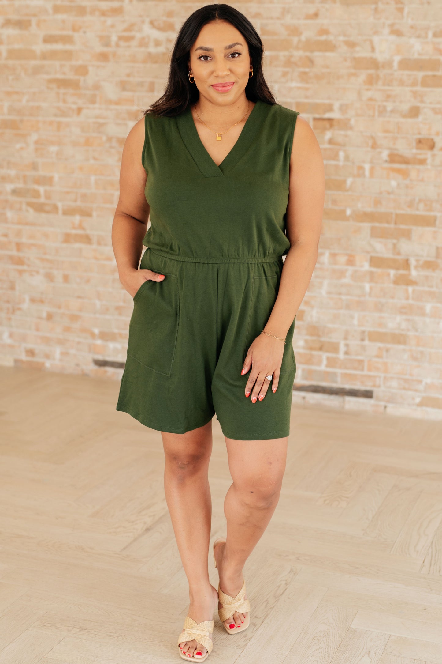 Sleeveless V-Neck Romper in Army Green - Dahlia Boutique