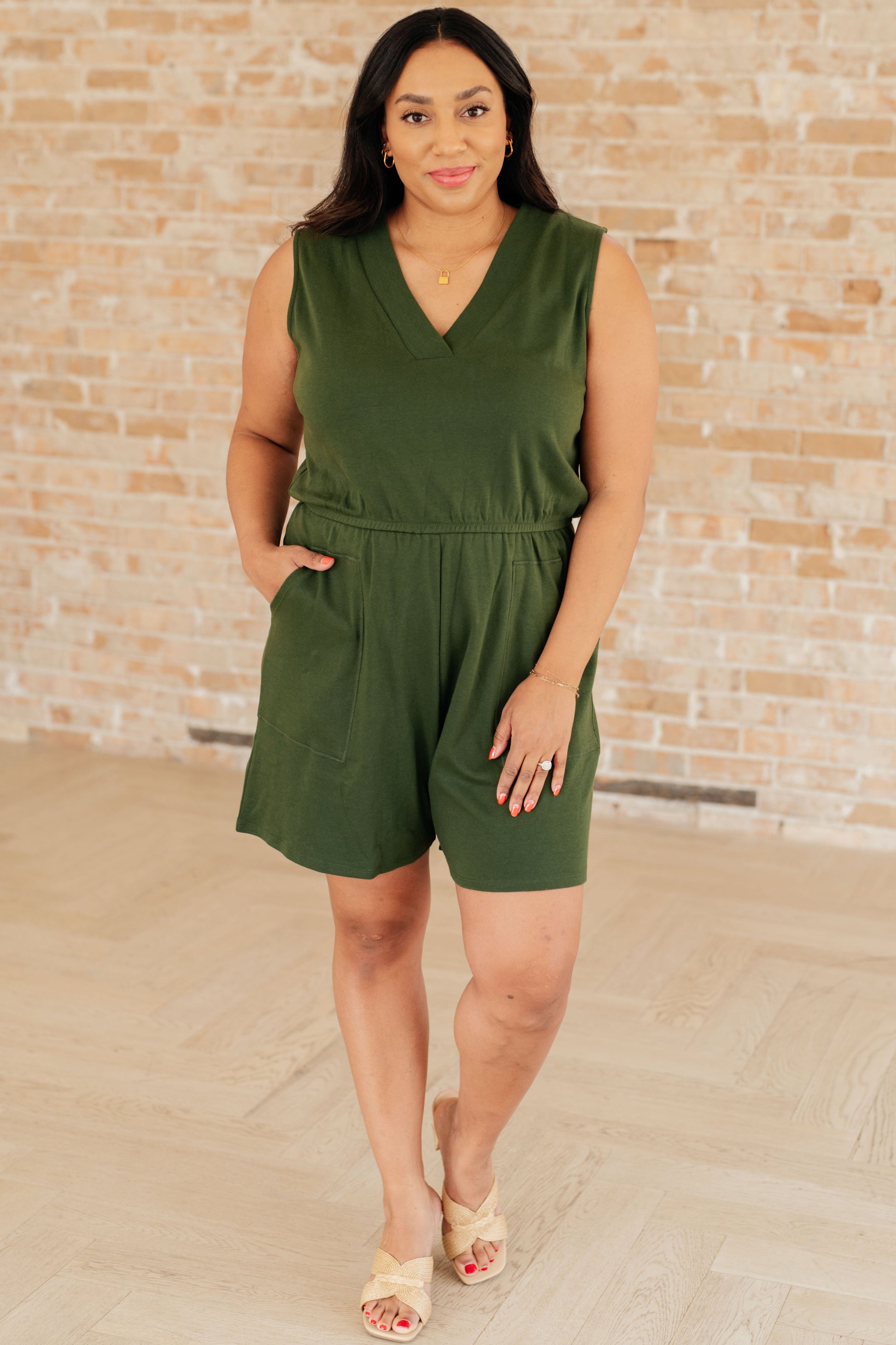 Sleeveless V-Neck Romper in Army Green - Dahlia Boutique