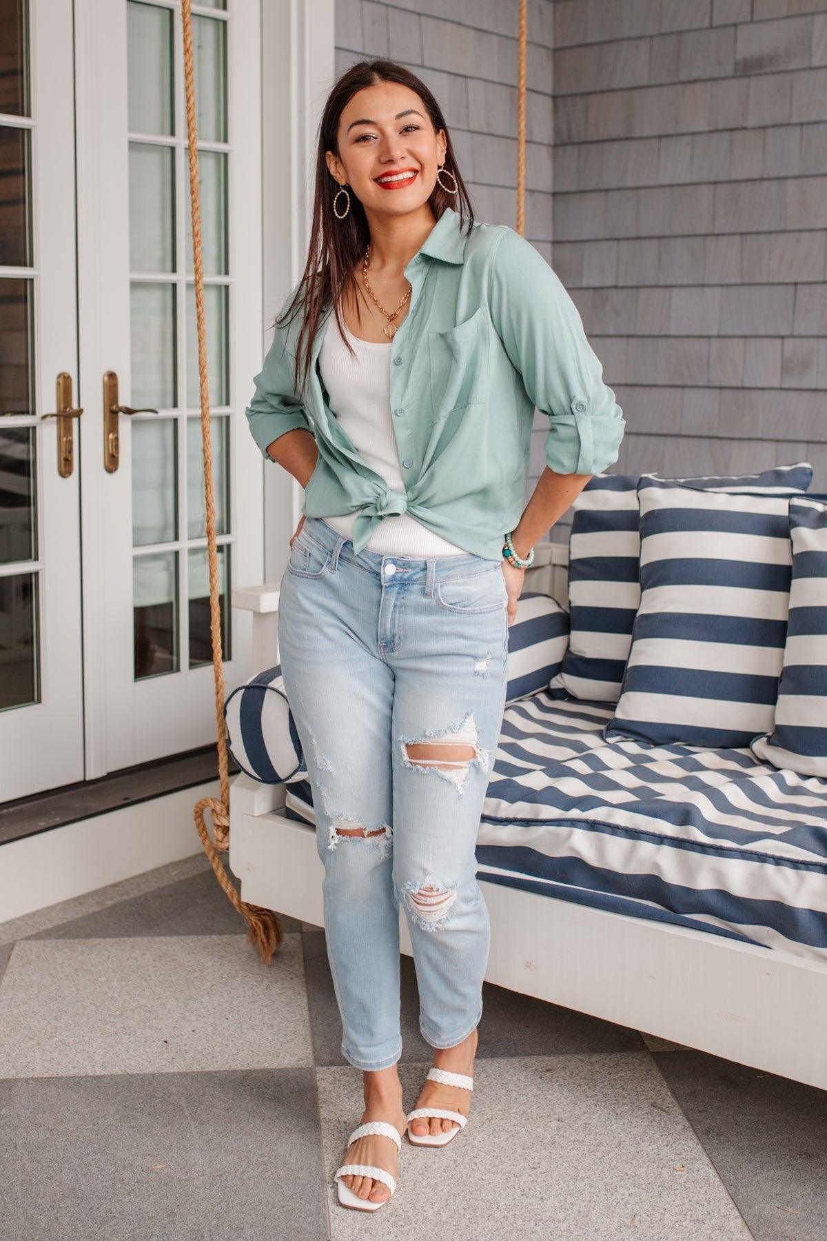 Unwavering Confidence Blouse in Light Blue - Dahlia Boutique