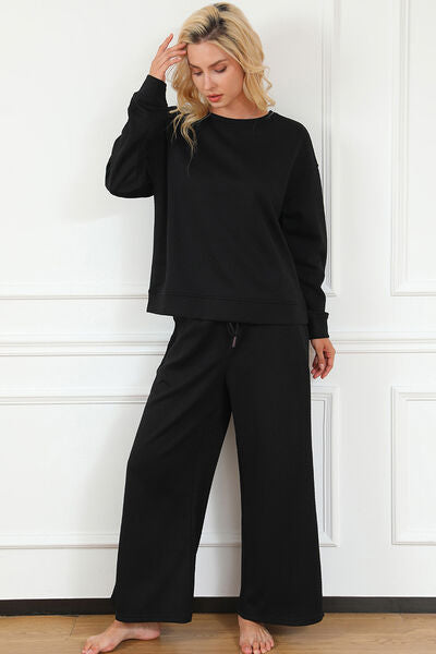 Double Take Full Size Textured Long Sleeve Top and Drawstring Pants Set - Dahlia Boutique