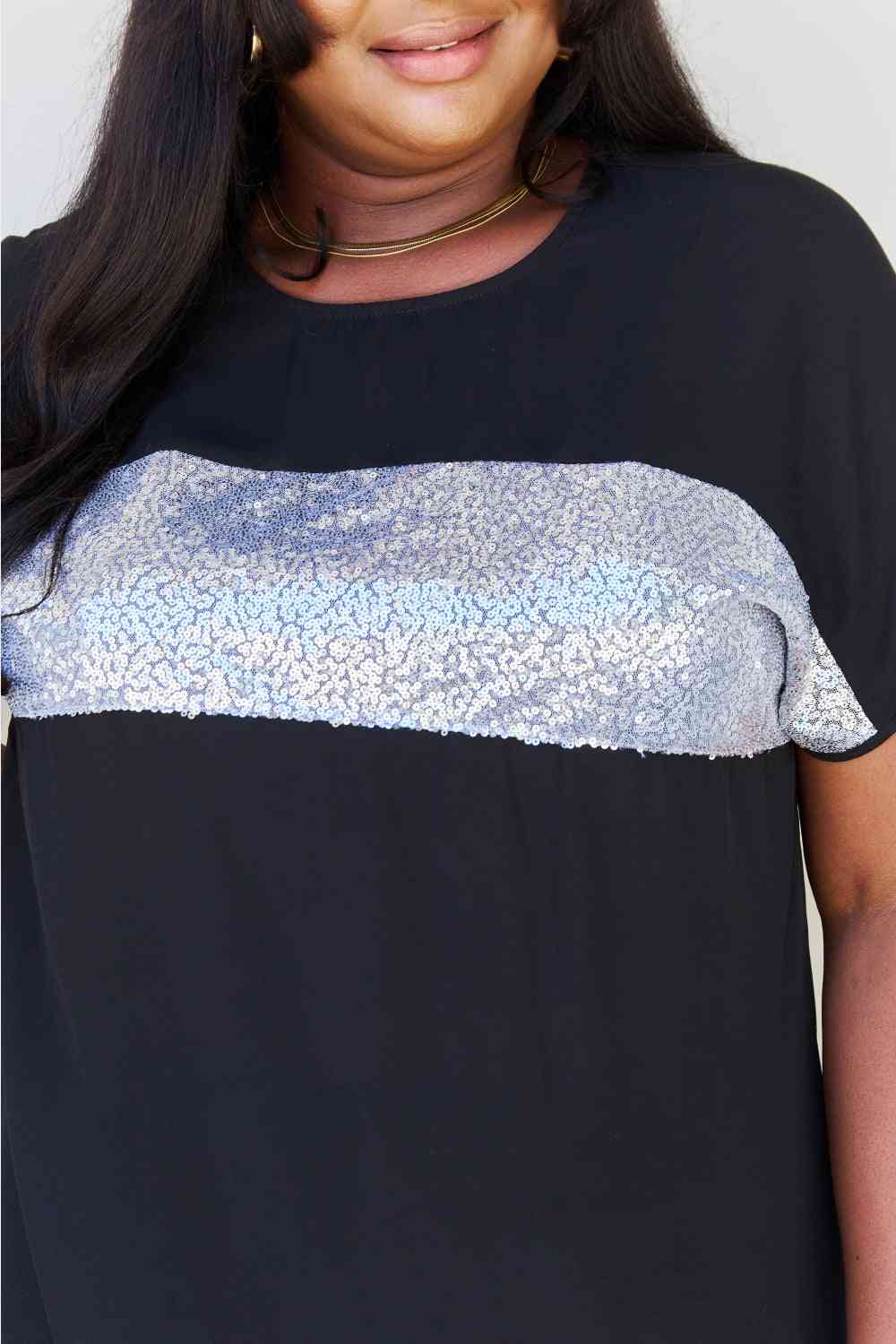 Sew In Love Shine Bright Full Size Center Mesh Sequin Top in Black/Silver - Dahlia Boutique