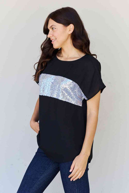 Sew In Love Shine Bright Full Size Center Mesh Sequin Top in Black/Silver - Dahlia Boutique