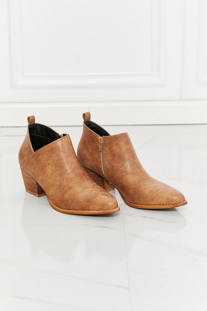 MMShoes Trust Yourself Embroidered Crossover Cowboy Bootie in Caramel - Dahlia Boutique