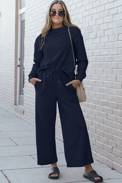 Double Take Full Size Textured Long Sleeve Top and Drawstring Pants Set - Dahlia Boutique